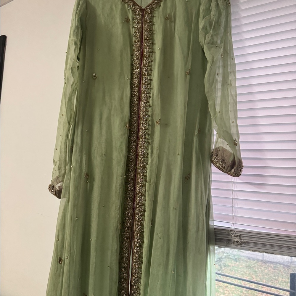 Elegant Green Embellished  Chiffon Long Dress open front